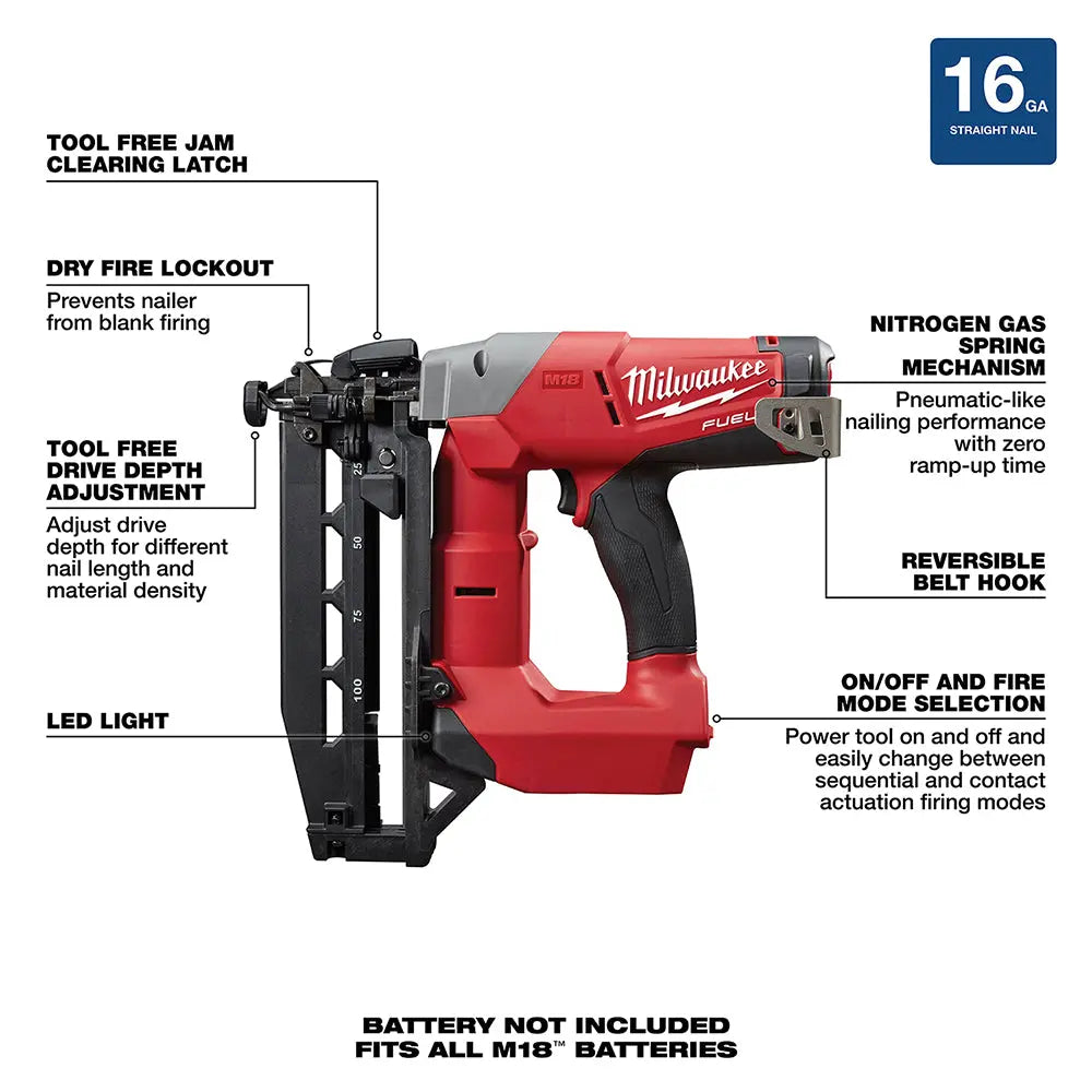 Milwaukee 2741-20 - M18 FUEL™ 16 Gauge Straight Finish Nailer - Wise Line Tools