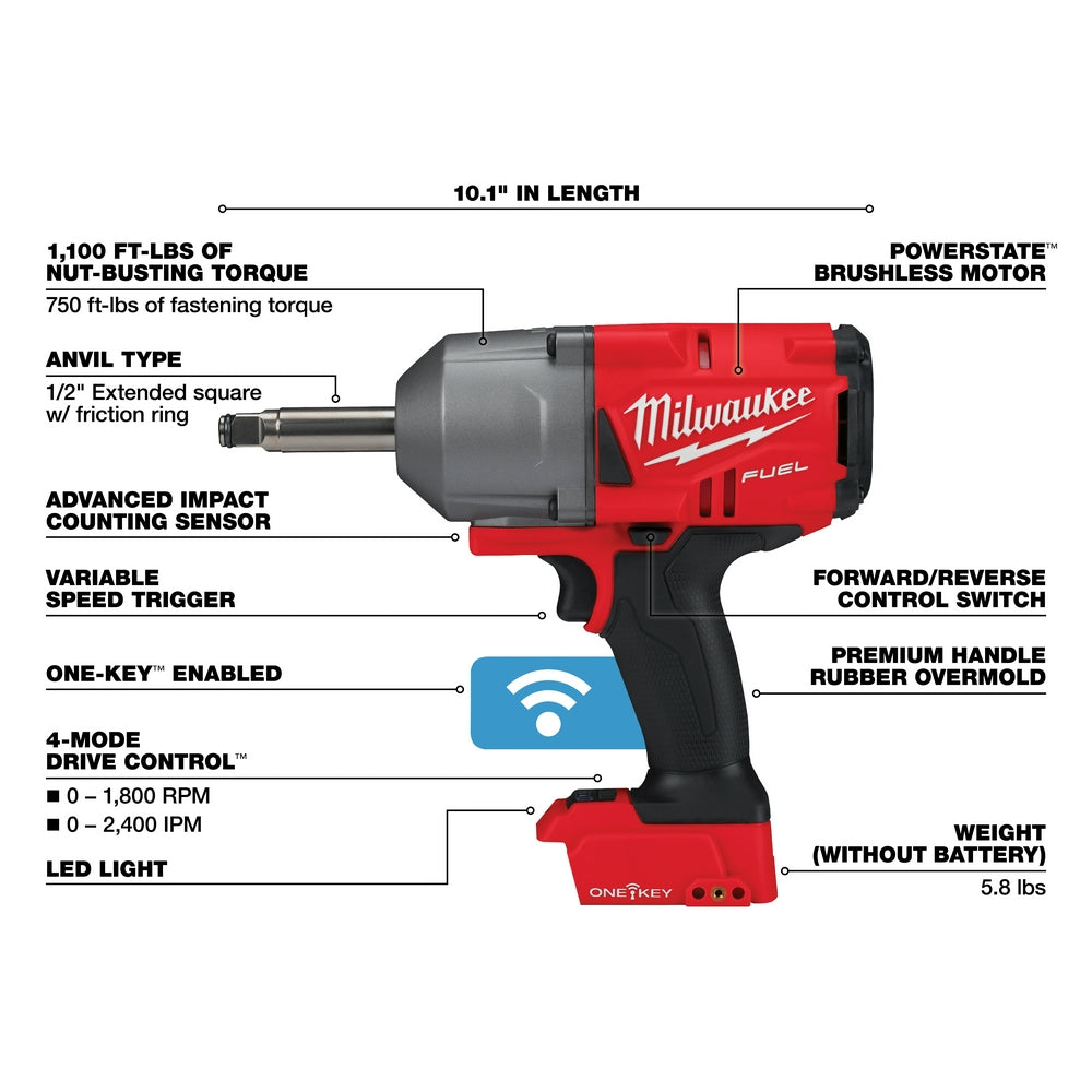 Milwaukee 2769-20 - M18 FUEL™ 1/2 in. Extended Anvil Controlled Torque Impact Wrench with ONE-KEY™ - Wise Line Tools