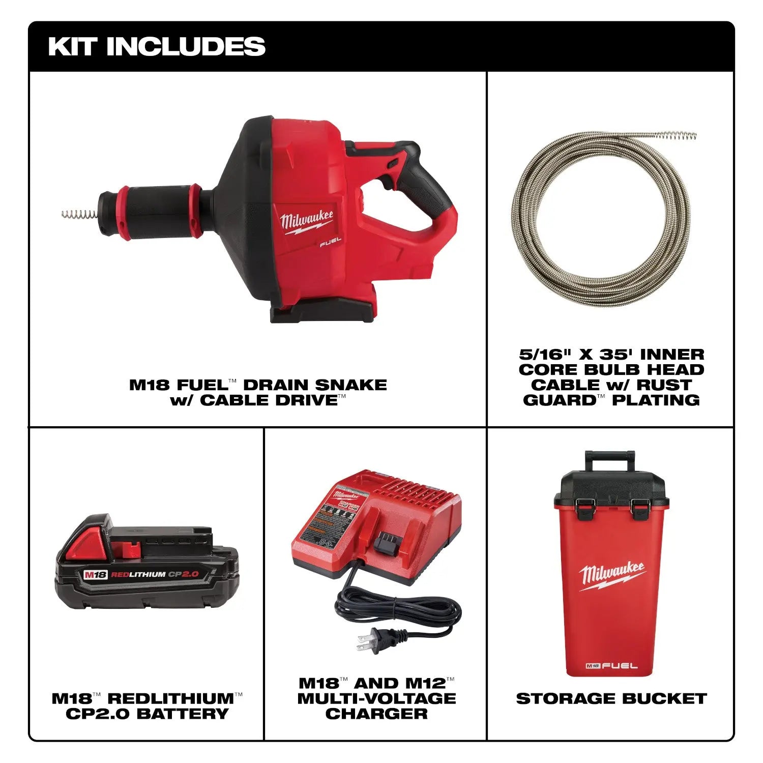 Milwaukee 2772A-21 - M18 FUEL™ Drain Snake W/ Cable-Drive Kit-A - Wise Line Tools