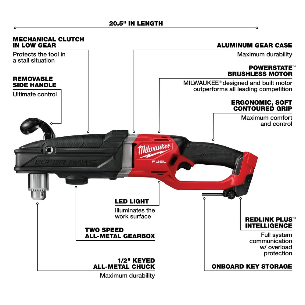 Milwaukee 2809-20 - M18 FUEL™ Super Hawg™ 1/2 in. Right Angle Drill - Wise Line Tools