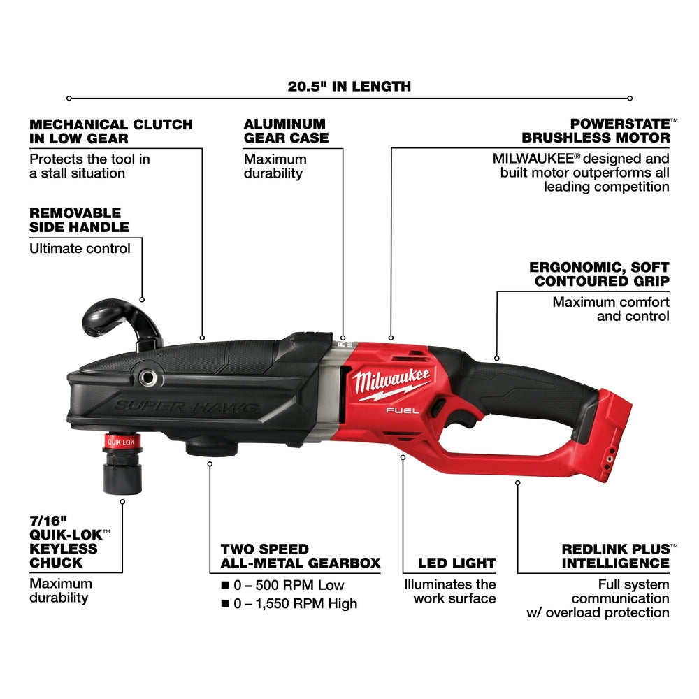 Milwaukee 2811-20 - M18 FUEL™ Super Hawg™ Right Angle Drill with QUIK-LOK™ - Wise Line Tools