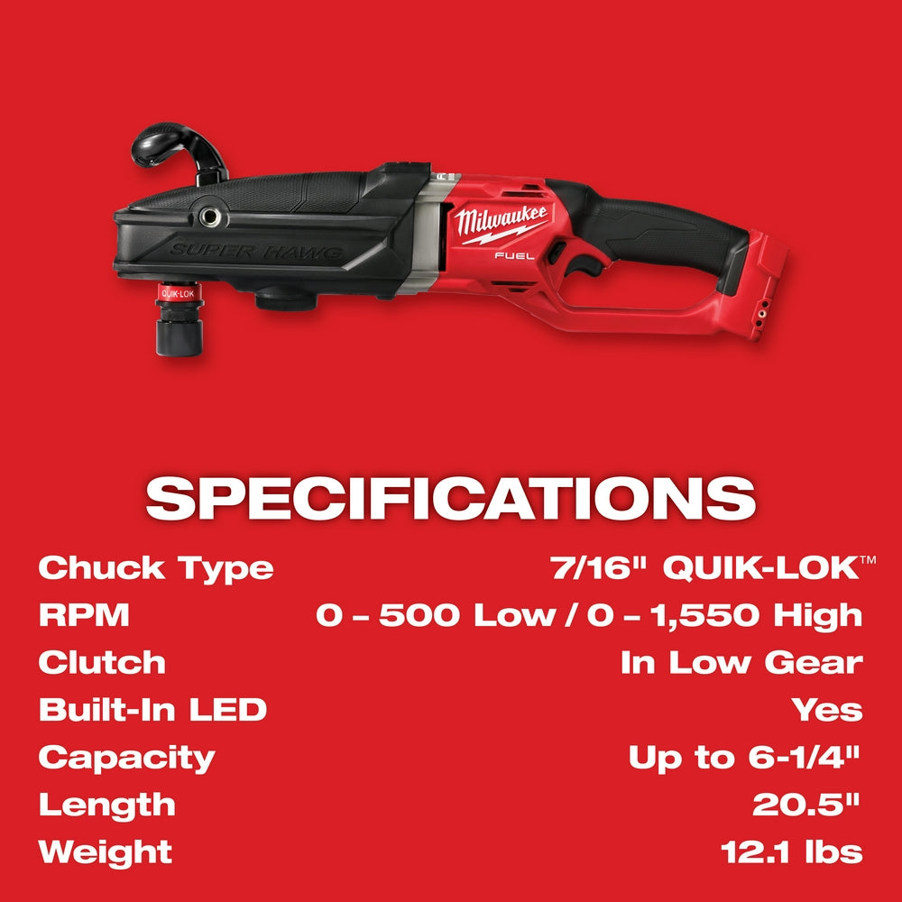 Milwaukee 2811-20 - M18 FUEL™ Super Hawg™ Right Angle Drill with QUIK-LOK™ - Wise Line Tools
