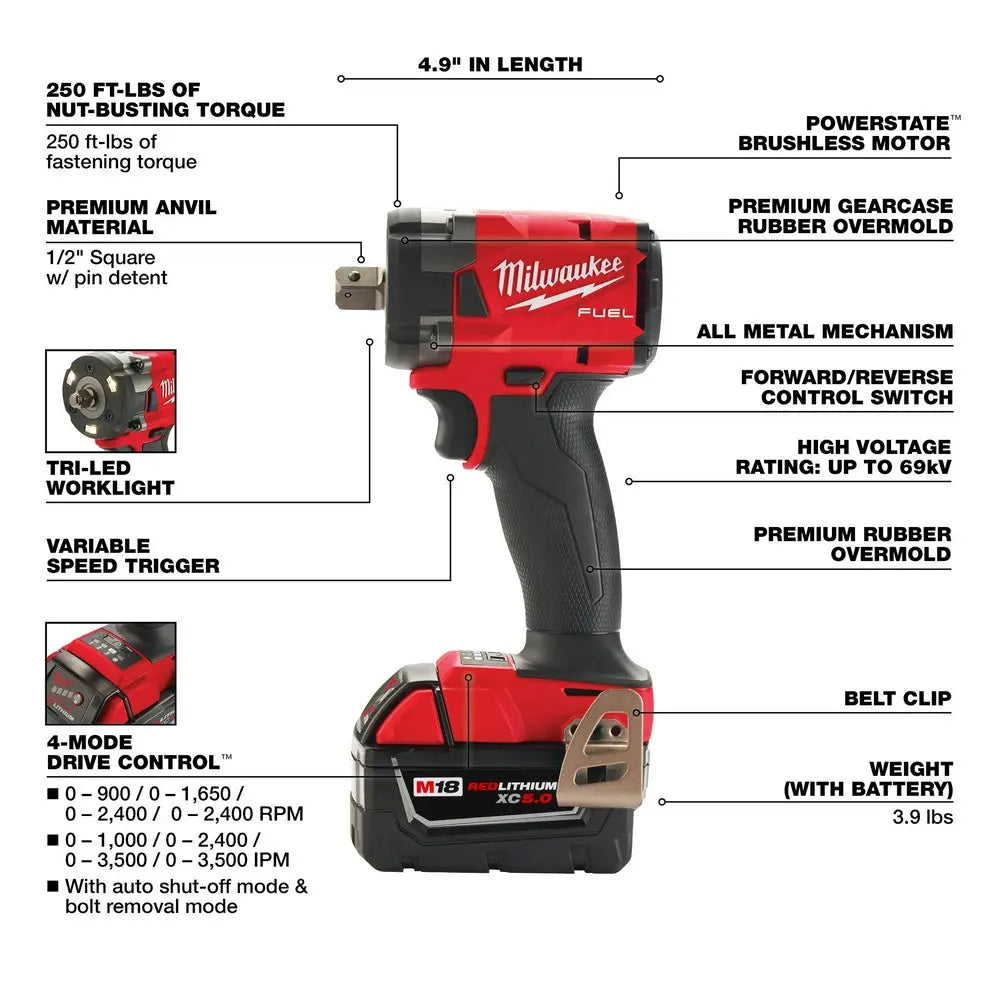 Milwaukee 2855P-22R - M18 FUEL™ 1/2" Compact Impact Wrench w/ Pin Detent Kit - Wise Line Tools