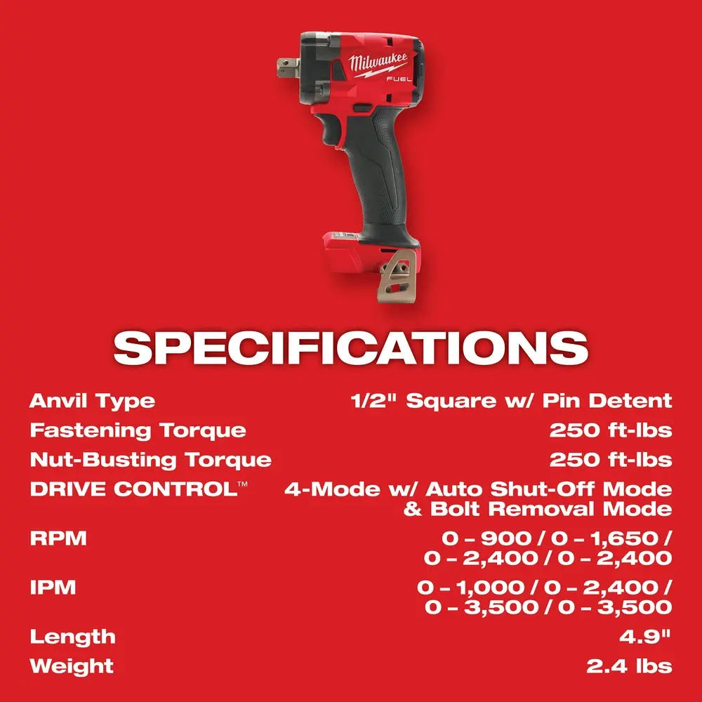 Milwaukee 2855P-22R - M18 FUEL™ 1/2" Compact Impact Wrench w/ Pin Detent Kit - Wise Line Tools