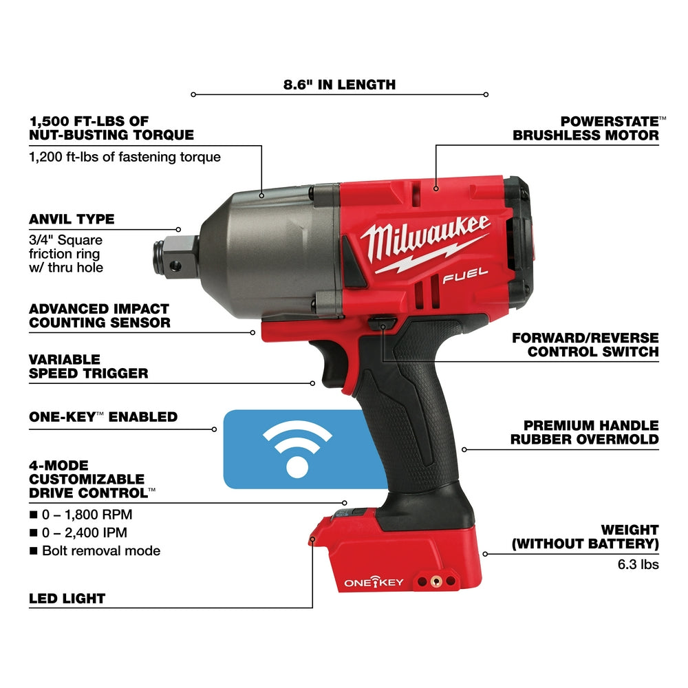Milwaukee 2864-20 - M18 FUEL™ w/ONE-KEY™ High Torque Impact Wrench 3/4 in. Friction Ring - Wise Line Tools
