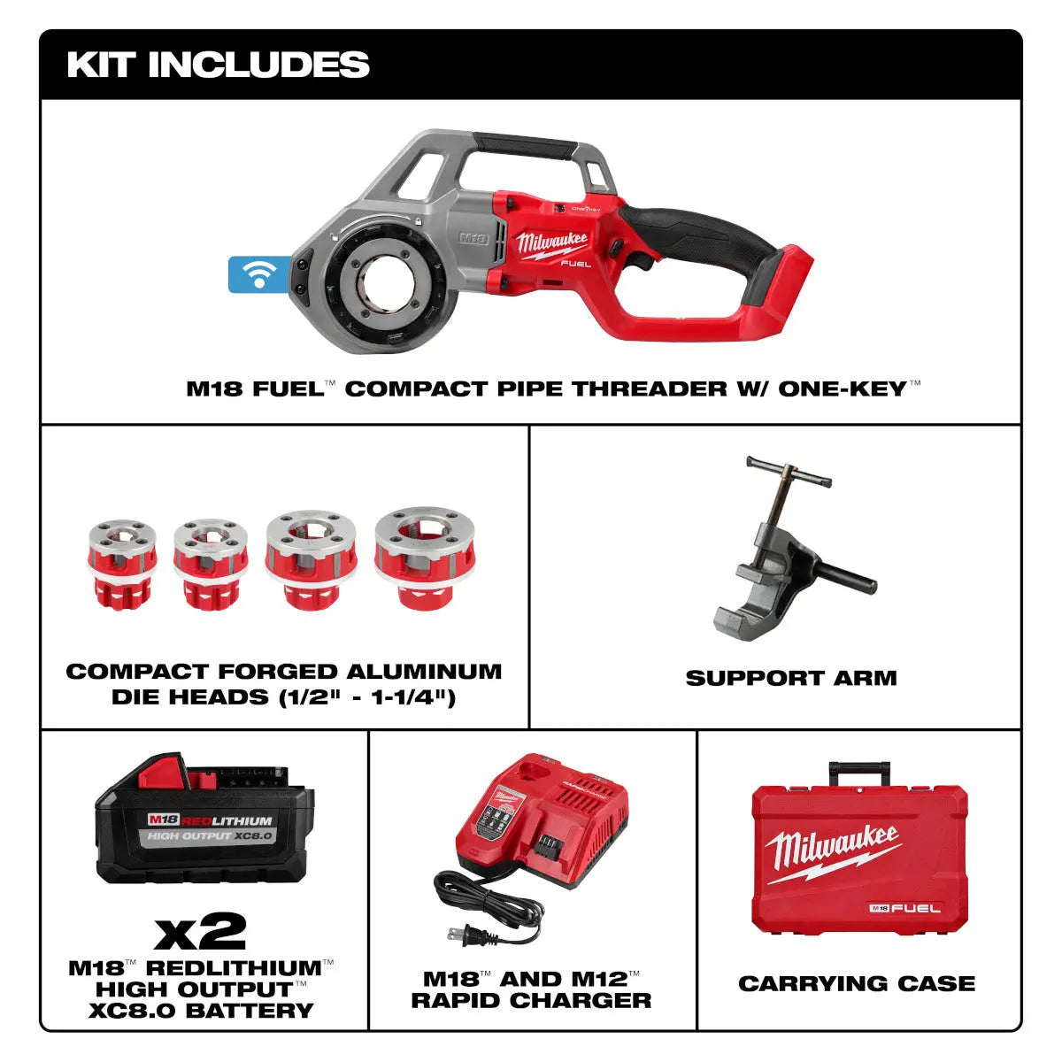 Milwaukee 2870-22 - M18 FUEL™ Compact Pipe Threader w/ ONE-KEY™ w/ 1/2" - 1-1/4" Compact NPT Forged Aluminum Die Heads - Wise Line Tools