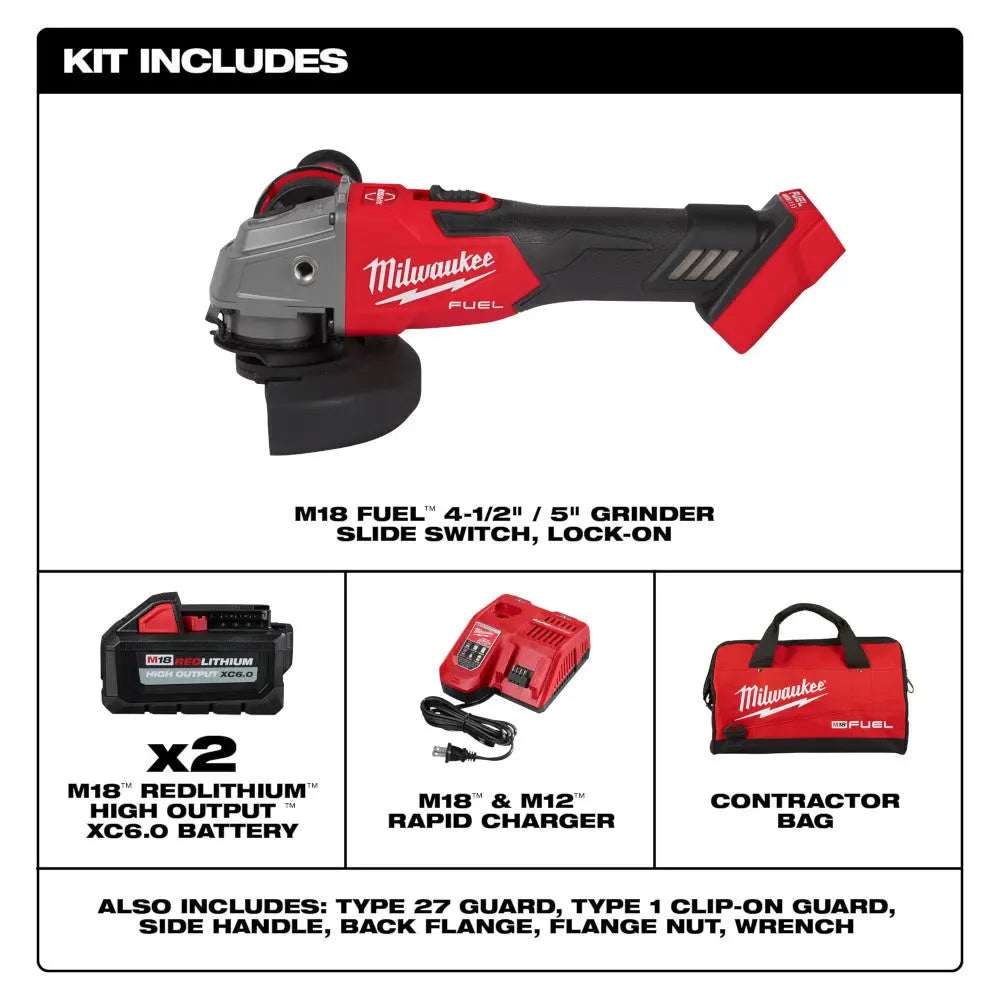 Milwaukee 2881-22 - M18 FUEL 18 Volt Lithium-Ion Brushless Cordless 4-1/2 in. / 5 in. Grinder Slide Switch, Lock-On Kit - Wise Line Tools