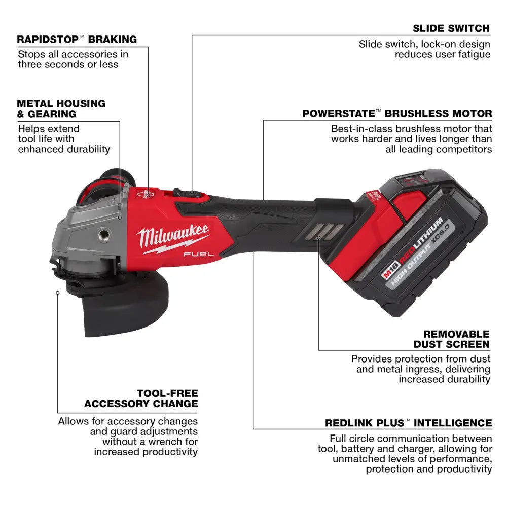 Milwaukee 2881-22 - M18 FUEL 18 Volt Lithium-Ion Brushless Cordless 4-1/2 in. / 5 in. Grinder Slide Switch, Lock-On Kit - Wise Line Tools