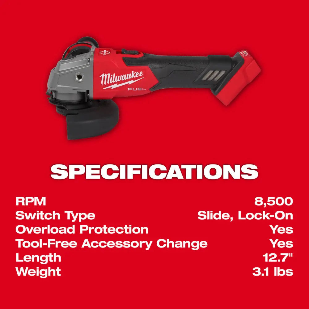 Milwaukee 2881-22 - M18 FUEL 18 Volt Lithium-Ion Brushless Cordless 4-1/2 in. / 5 in. Grinder Slide Switch, Lock-On Kit - Wise Line Tools