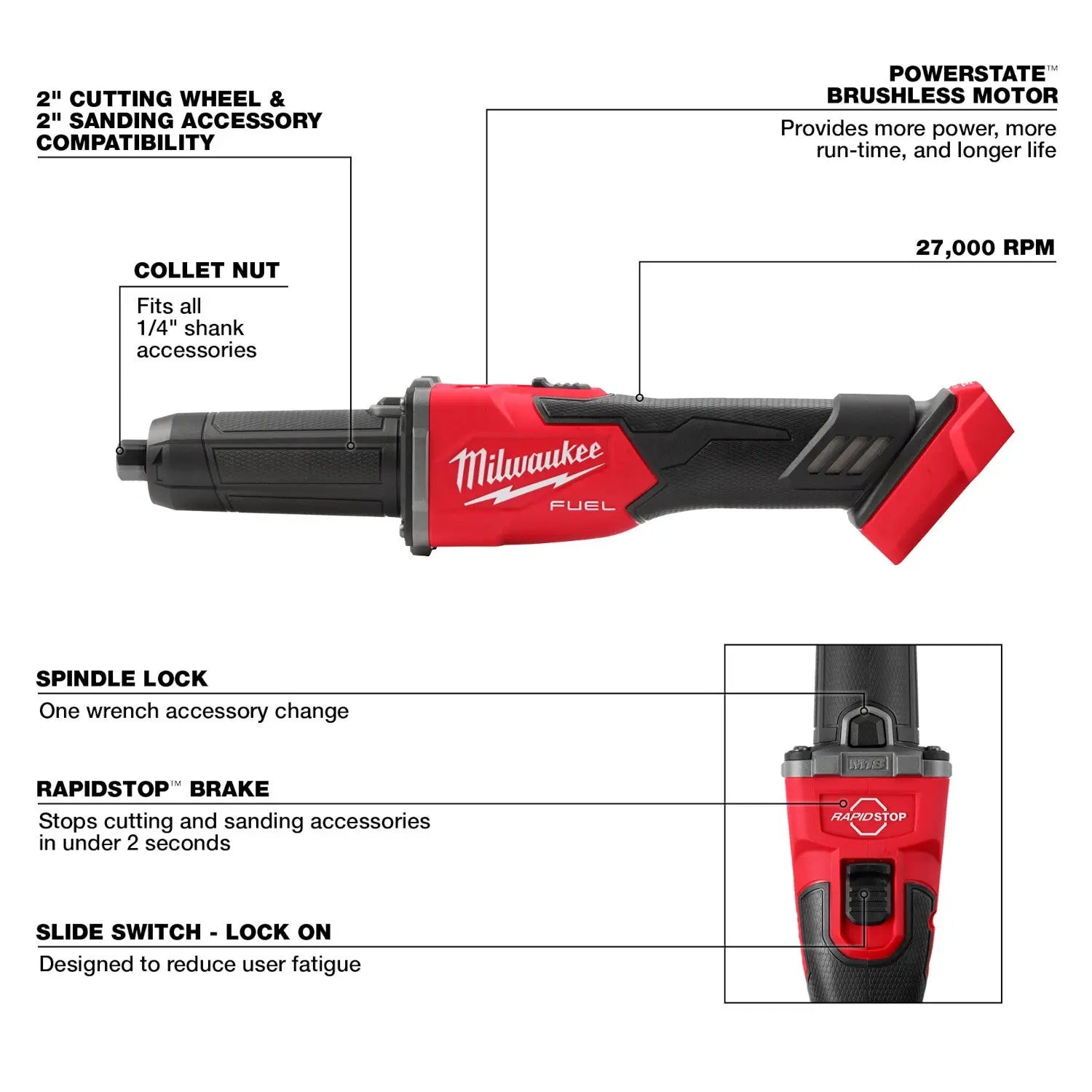 Milwaukee 2939-20 - M18 FUEL™ Braking Die Grinder, Slide Switch - Wise Line Tools