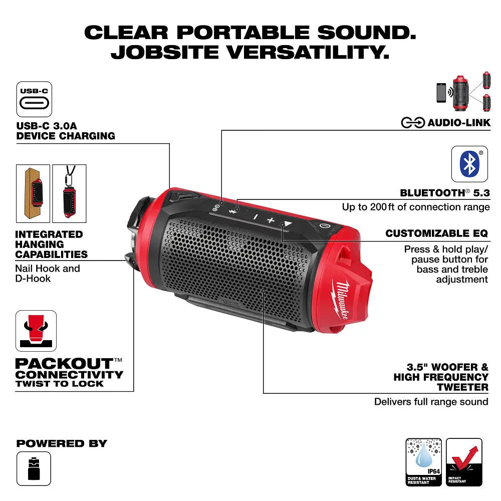 Milwaukee 2955-20 - M12™ Bluetooth® Jobsite Speaker w/ PACKOUT™ Compatibility - Wise Line Tools