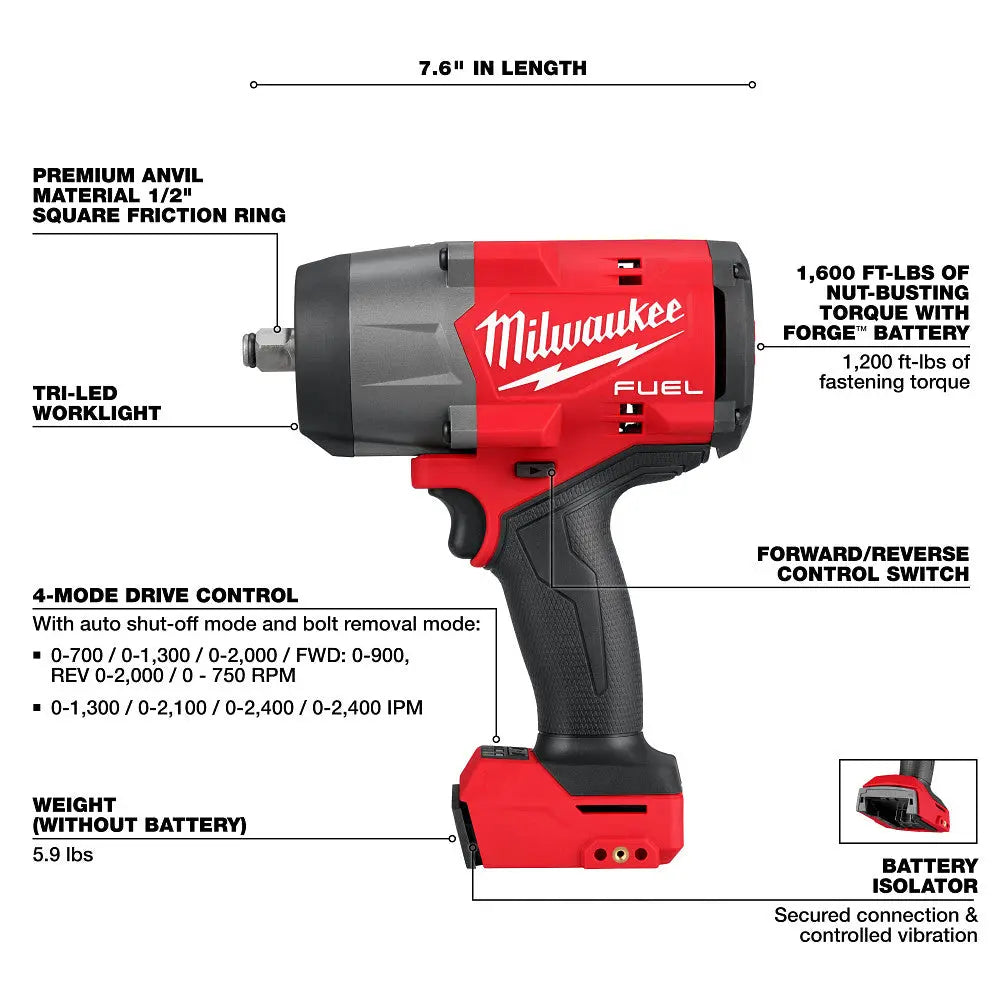 Milwaukee 2967-20 - M18 FUEL™ 1/2" High Torque Impact Wrench w/ Friction Ring - Wise Line Tools