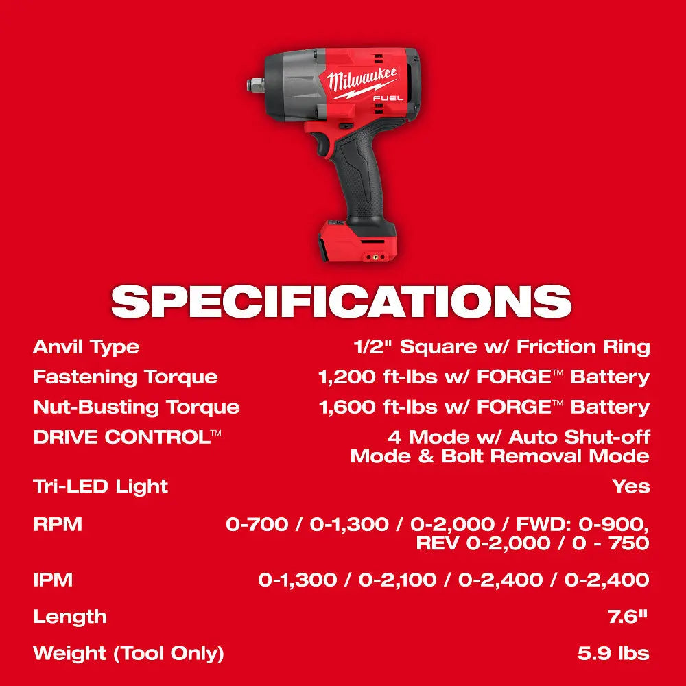 Milwaukee 2967-20 - M18 FUEL™ 1/2" High Torque Impact Wrench w/ Friction Ring - Wise Line Tools