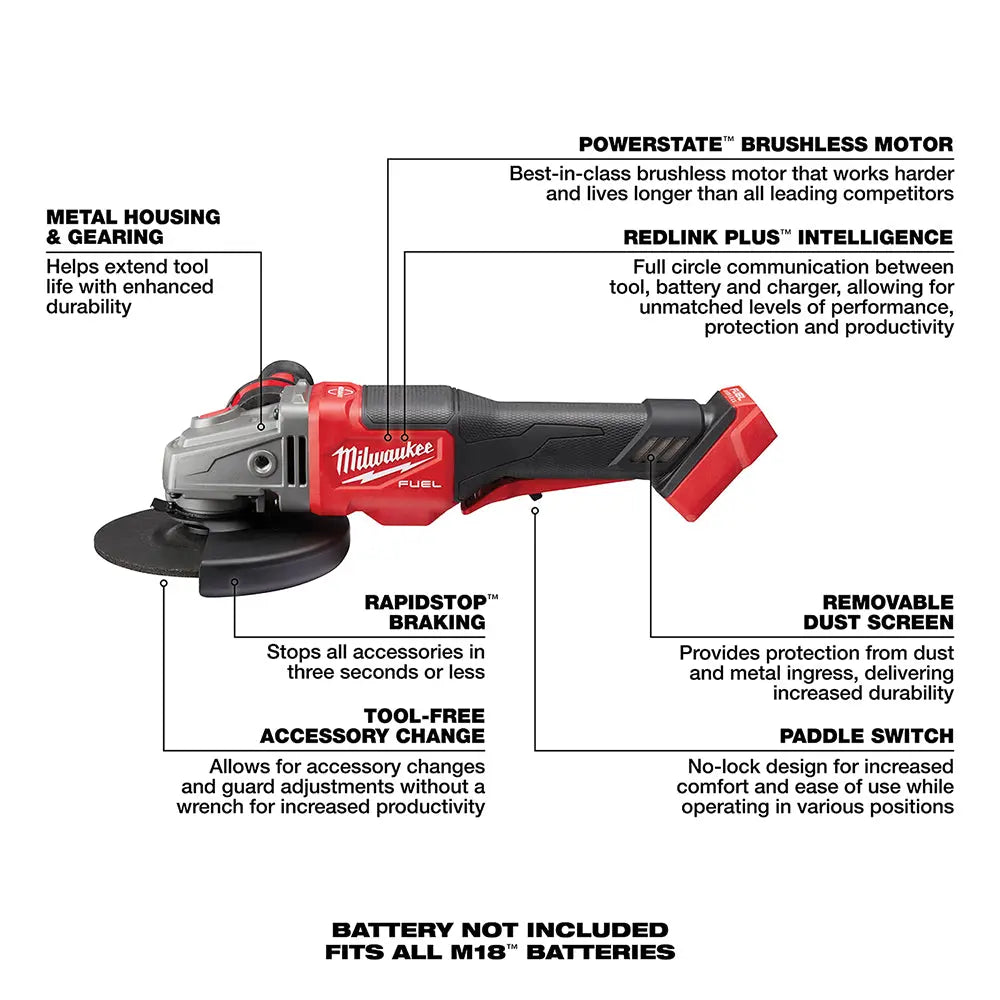 Milwaukee 2980-22 - M18 FUEL™ 4-1/2 in.-6 in. No Lock Braking Grinder with Paddle Switch 2 Battery Kit - Wise Line Tools