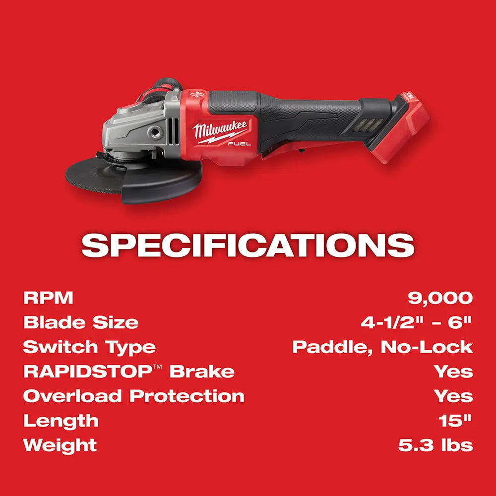 Milwaukee 2980-22 - M18 FUEL™ 4-1/2 in.-6 in. No Lock Braking Grinder with Paddle Switch 2 Battery Kit - Wise Line Tools