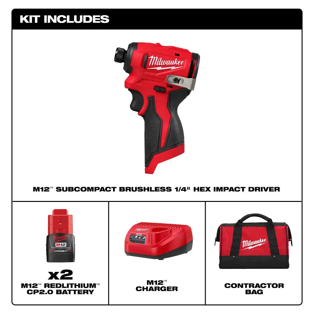 Milwaukee 3450-22 - M12™ Subcompact Brushless 1/4" Hex Impact Driver Kit - Wise Line Tools