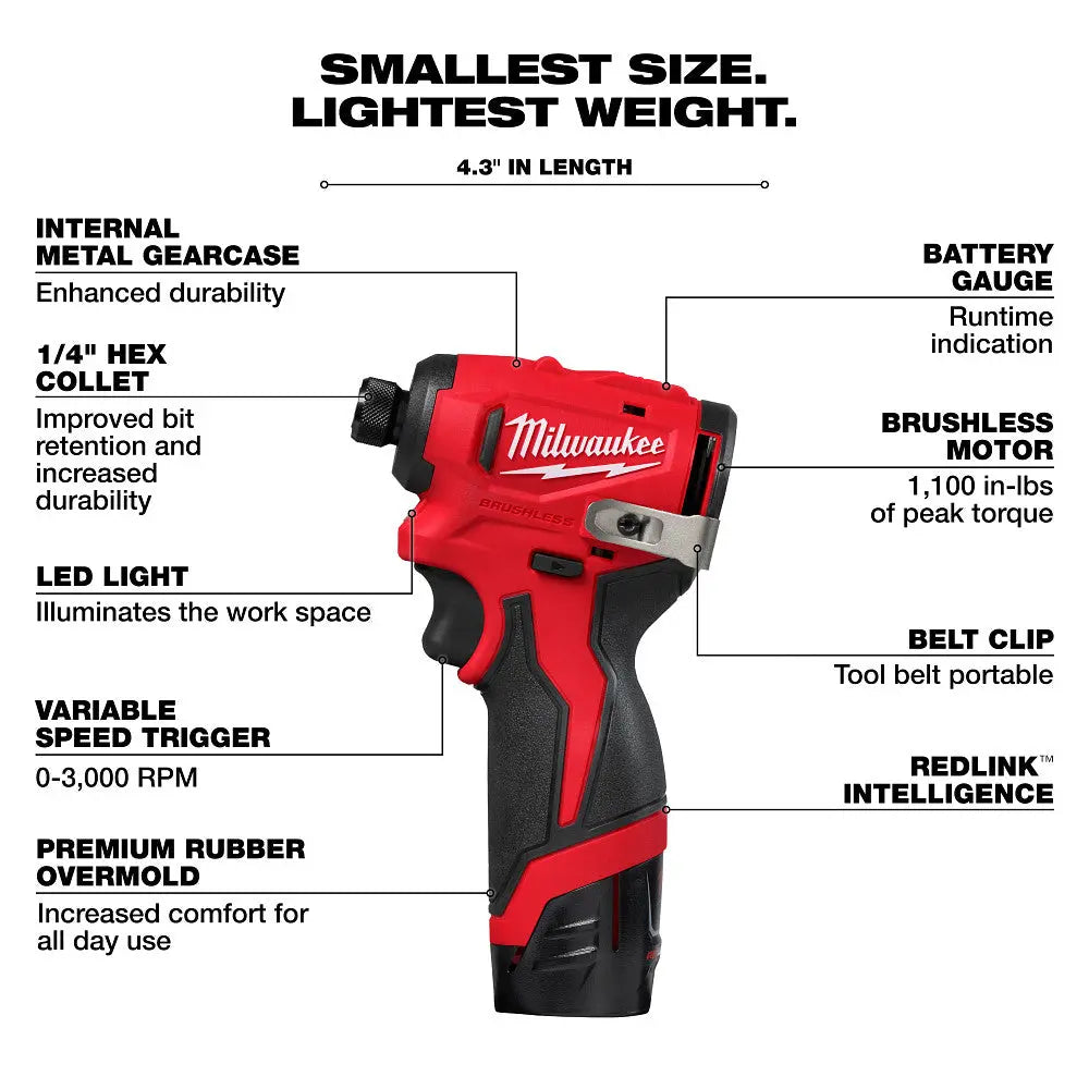 Milwaukee 3450-22 - M12™ Subcompact Brushless 1/4" Hex Impact Driver Kit - Wise Line Tools