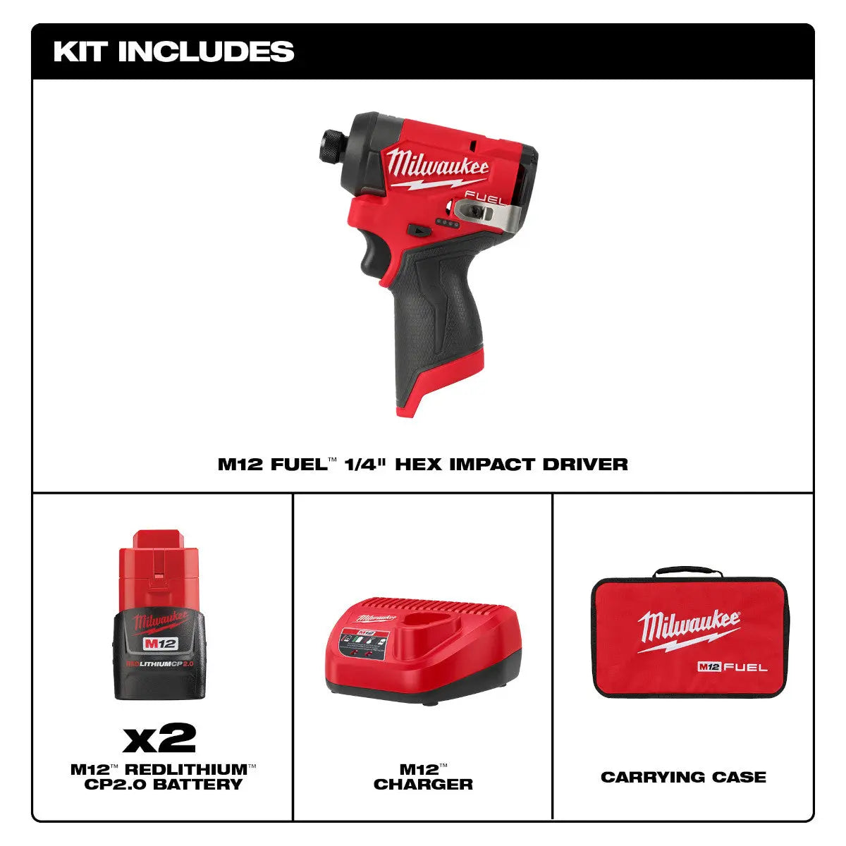 Milwaukee 3453-22 - M12 FUEL™ 1/4" Hex Impact Driver Kit - Wise Line Tools