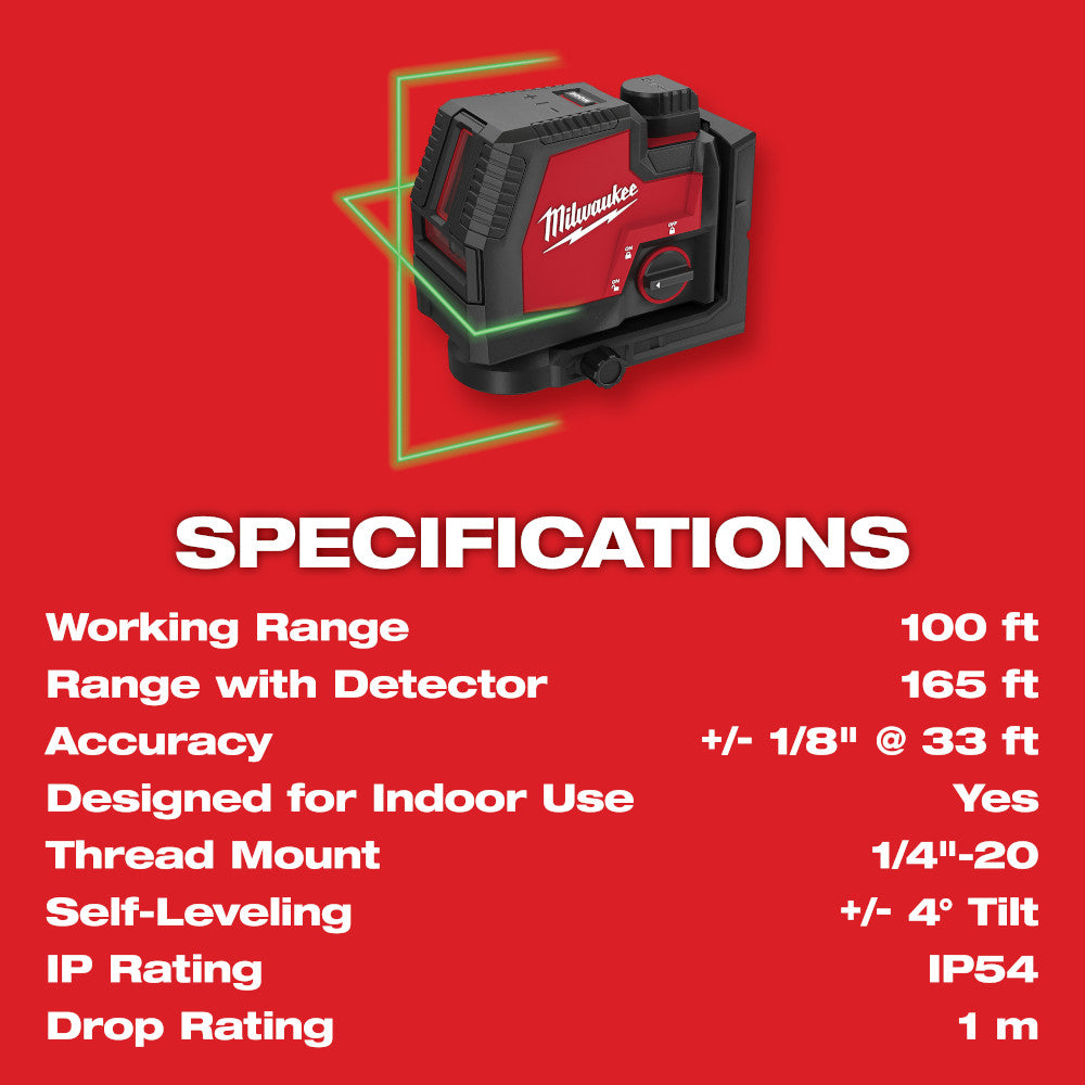 Milwaukee 3521-21 - USB Rechargeable Green Cross Line Laser - Wise Line Tools