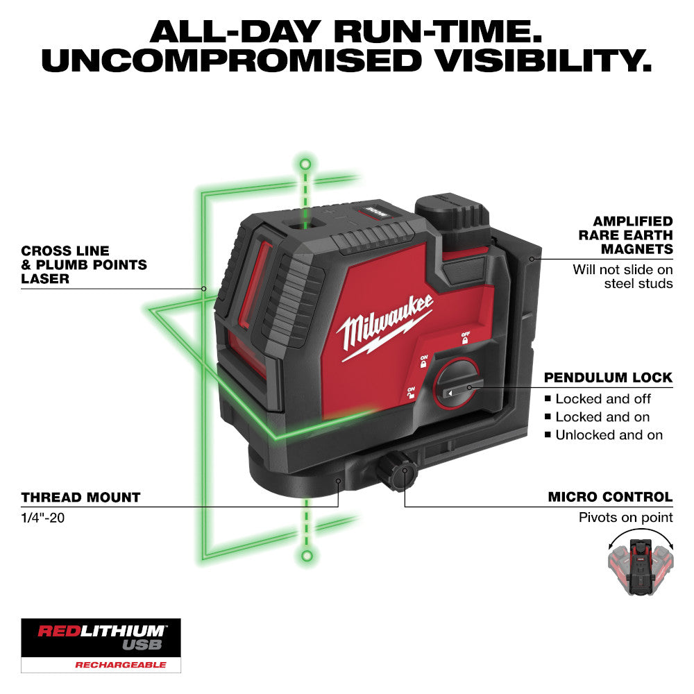 Milwaukee 3522-21 - USB Rechargeable Green Cross Line & Plumb Points Laser - Wise Line Tools