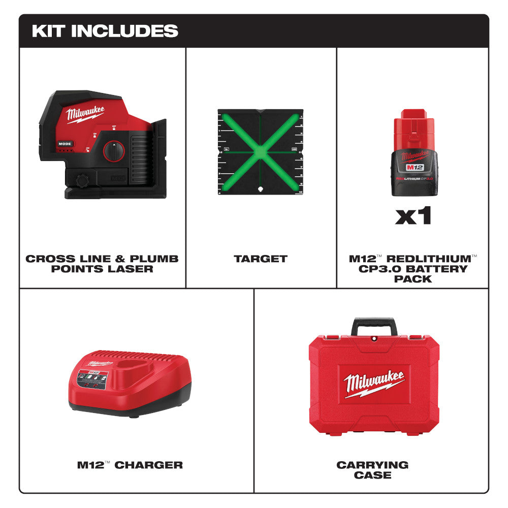 Milwaukee 3622-21 - M12™ Green Cross Line & Plumb Points Laser Kit - Wise Line Tools