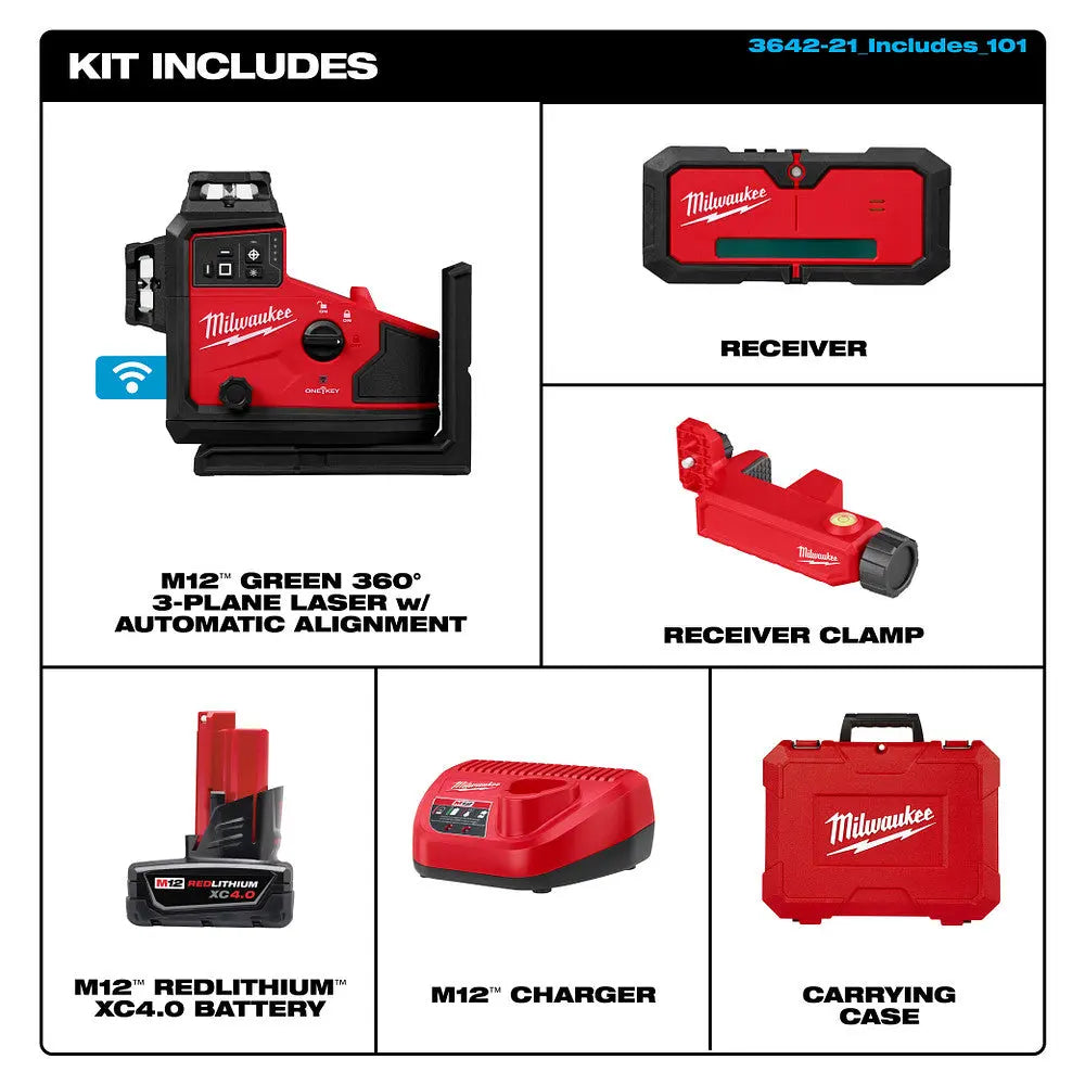 Milwaukee 3642-21 - M12™ Green 360° 3-Plane Laser w/Automatic Alignment & Receiver - Wise Line Tools