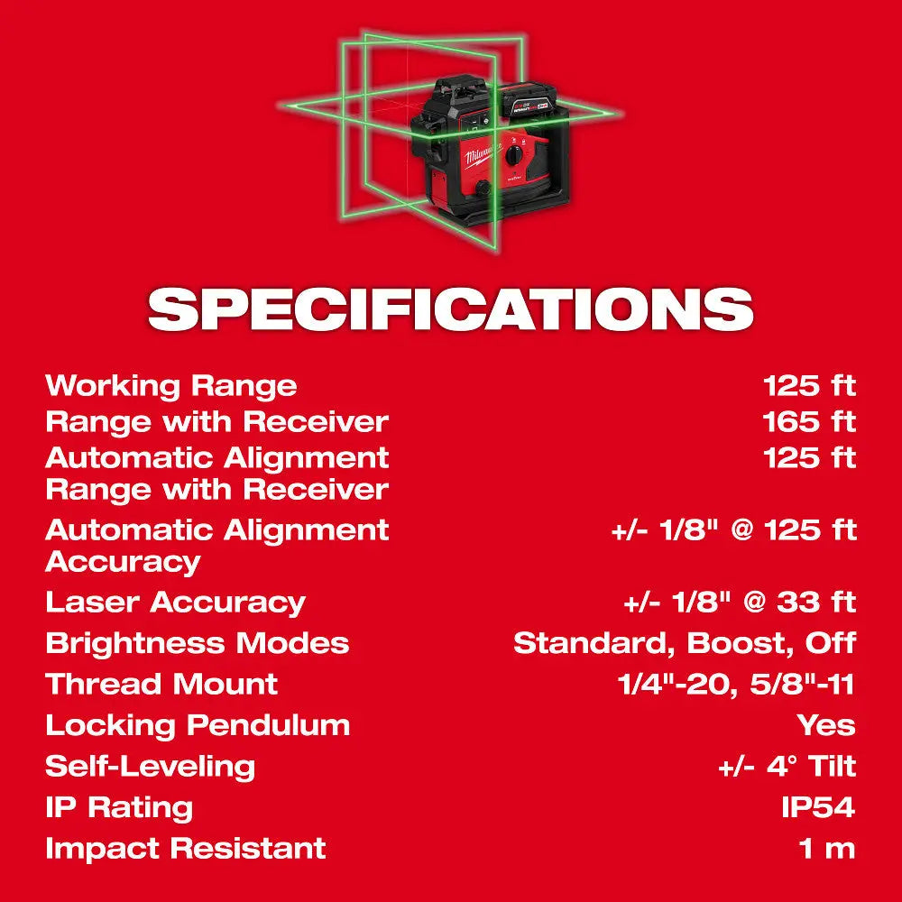 Milwaukee 3642-21 - M12™ Green 360° 3-Plane Laser w/Automatic Alignment & Receiver - Wise Line Tools