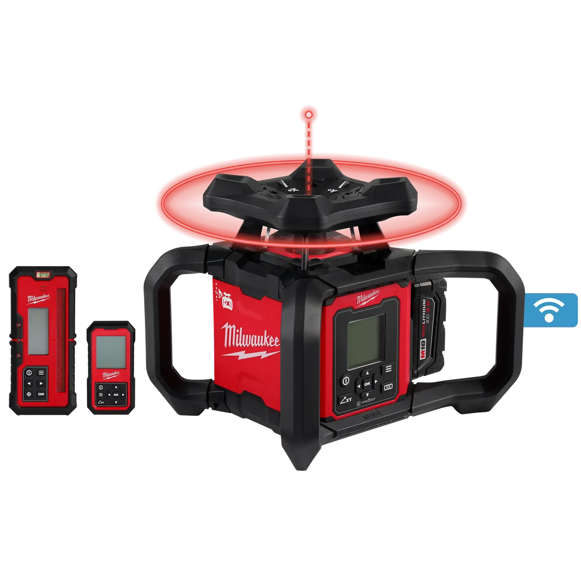 Milwaukee 3704-21T - M18™ Red Exterior Dual Slope Rotary Laser Level Kit w/ Receiver, Remote, Grade Rod & Tripod - Wise Line Tools