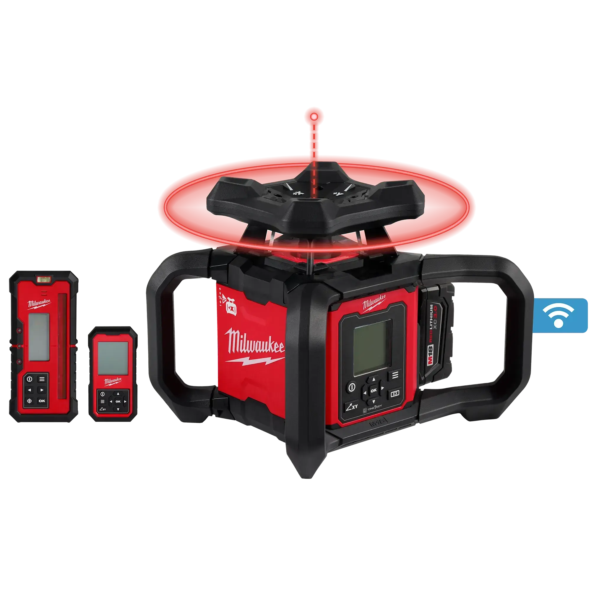 Milwaukee 3704-21T - M18™ Red Exterior Dual Slope Rotary Laser Level Kit w/ Receiver, Remote, Grade Rod & Tripod - Wise Line Tools
