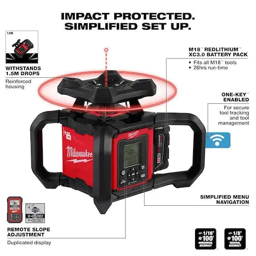 Milwaukee 3704-21T - M18™ Red Exterior Dual Slope Rotary Laser Level Kit w/ Receiver, Remote, Grade Rod & Tripod - Wise Line Tools