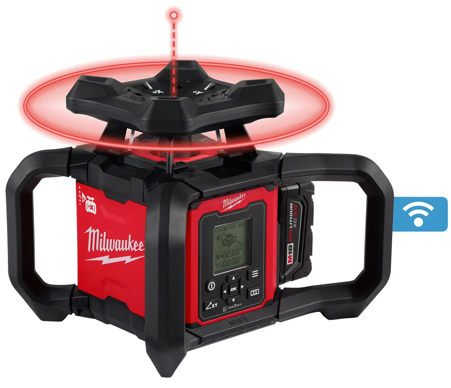 Milwaukee 3704-21T - M18™ Red Exterior Dual Slope Rotary Laser Level Kit w/ Receiver, Remote, Grade Rod & Tripod - Wise Line Tools