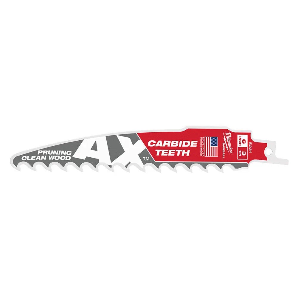 Milwaukee 48-00-5231 - 6" 3 TPI The AX™ with Carbide Teeth for Pruning & Clean Wood SAWZALL® Blade 1PK - Wise Line Tools