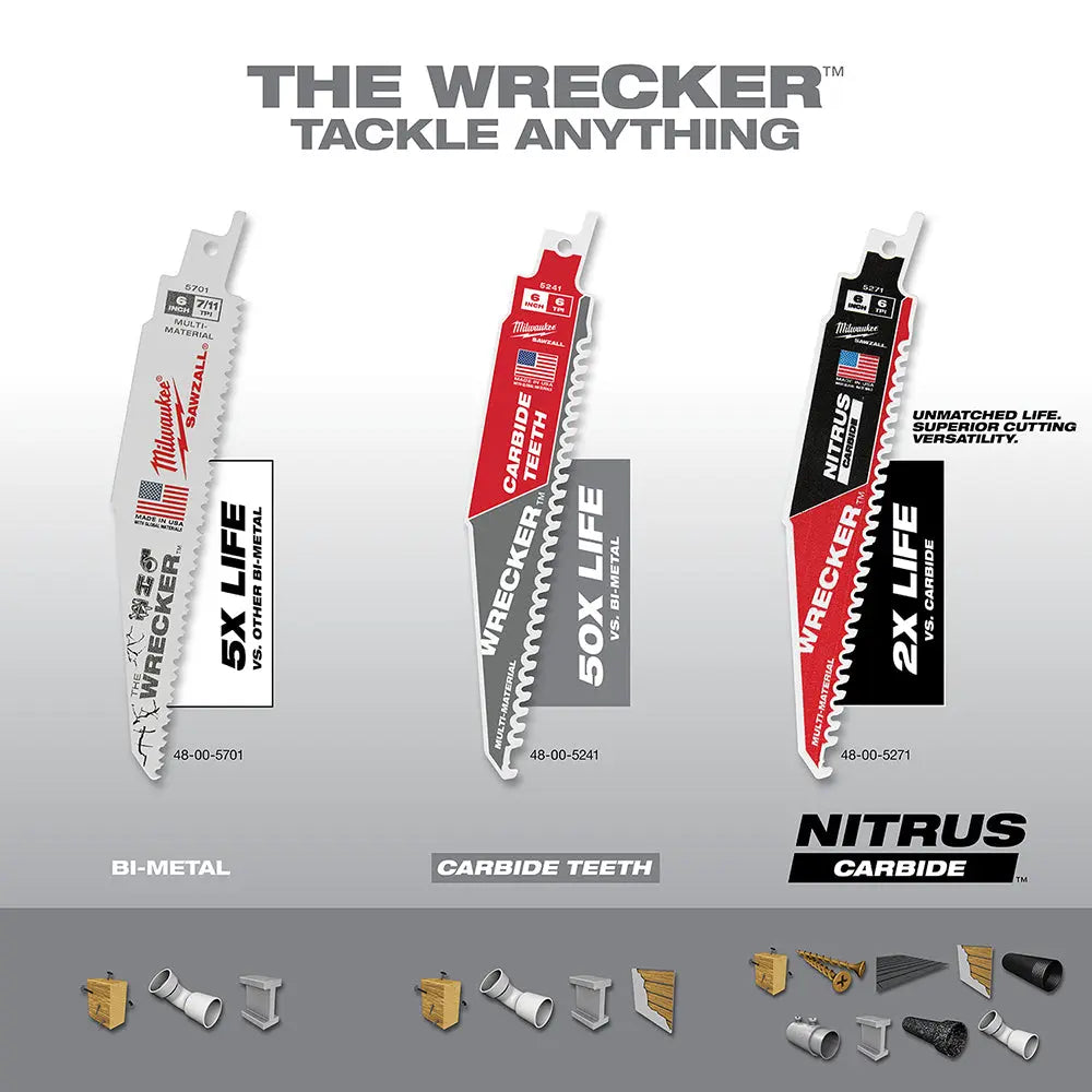 Milwaukee 48-00-5241 - 6" 6 TPI THE WRECKER™ with Carbide Teeth SAWZALL® Blade 1PK - Wise Line Tools
