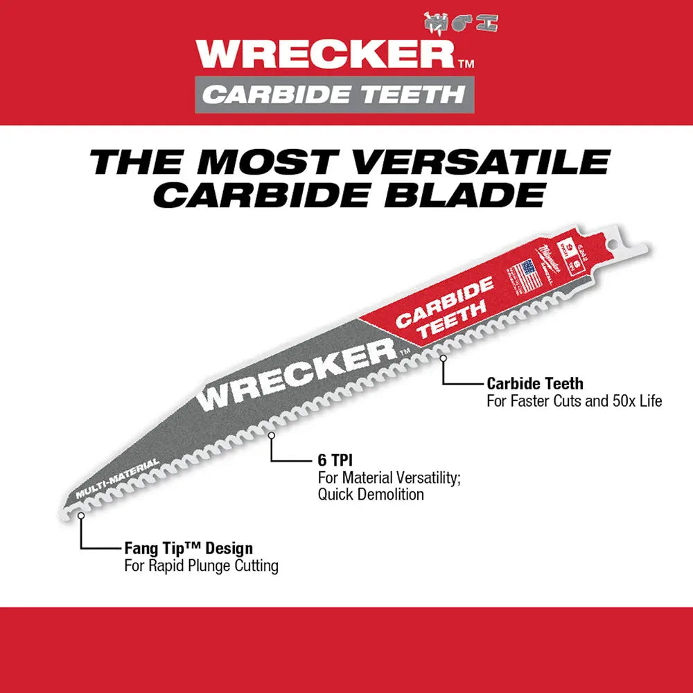 Milwaukee 48-00-5243 - 12" 6 TPI THE WRECKER™ with Carbide Teeth SAWZALL® Blade 1PK - Wise Line Tools