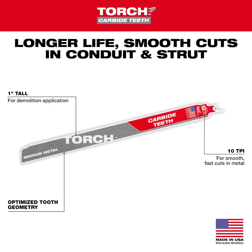 Milwaukee 48-00-5353 - 12" 10TPI The TORCH™ with Carbide Teeth for Medium Metal 3PK - Wise Line Tools