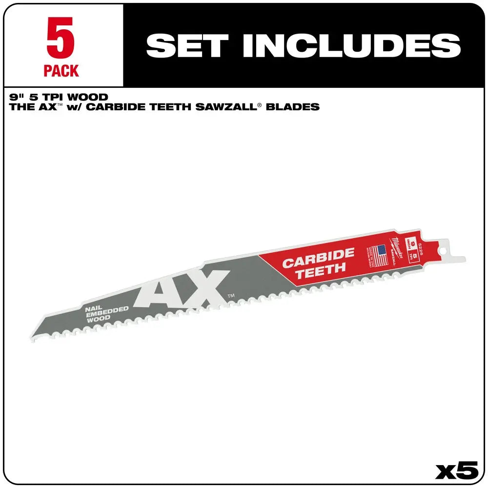 Milwaukee 48-00-5526 - 9 in. 5 TPI The Ax™ Carbide Teeth SAWZALL® Blades 5PK - Wise Line Tools