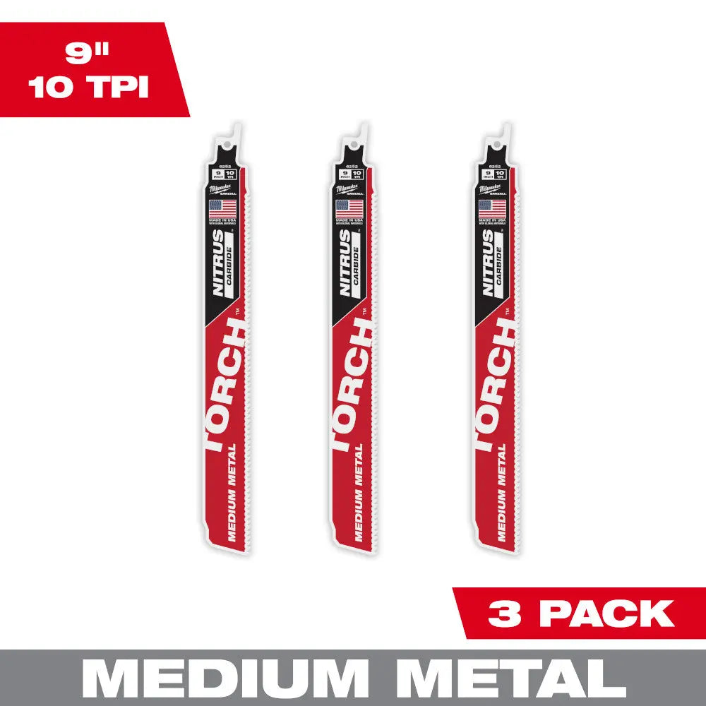 Milwaukee 48-00-6352 - 9" 10TPI The TORCH™ with NITRUS CARBIDE™ Teeth for Medium Metal 3PK - Wise Line Tools
