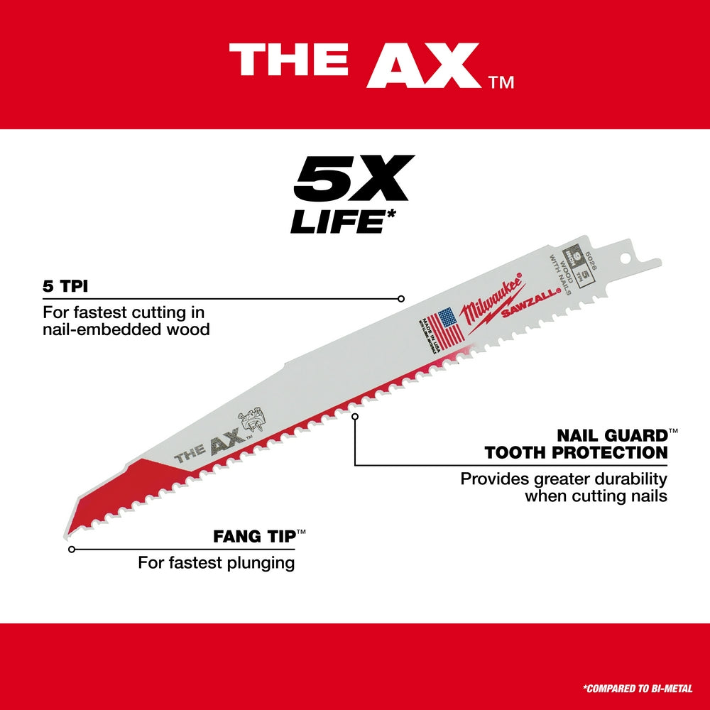Milwaukee 48-01-7026 - 9" 5 TPI The AX™ Demolition Wood Cutting Sawzall®  Blade Bulk 100 - Wise Line Tools