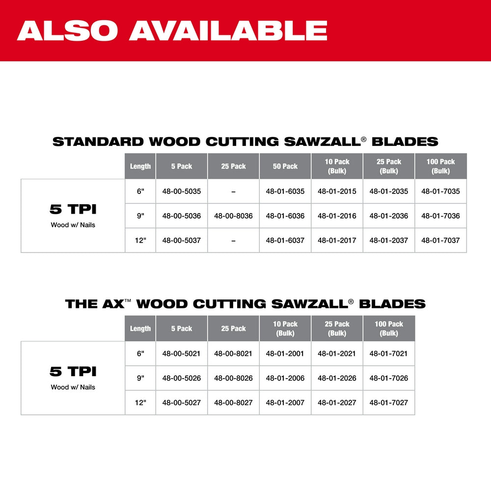 Milwaukee 48-01-7026 - 9" 5 TPI The AX™ Demolition Wood Cutting Sawzall®  Blade Bulk 100 - Wise Line Tools