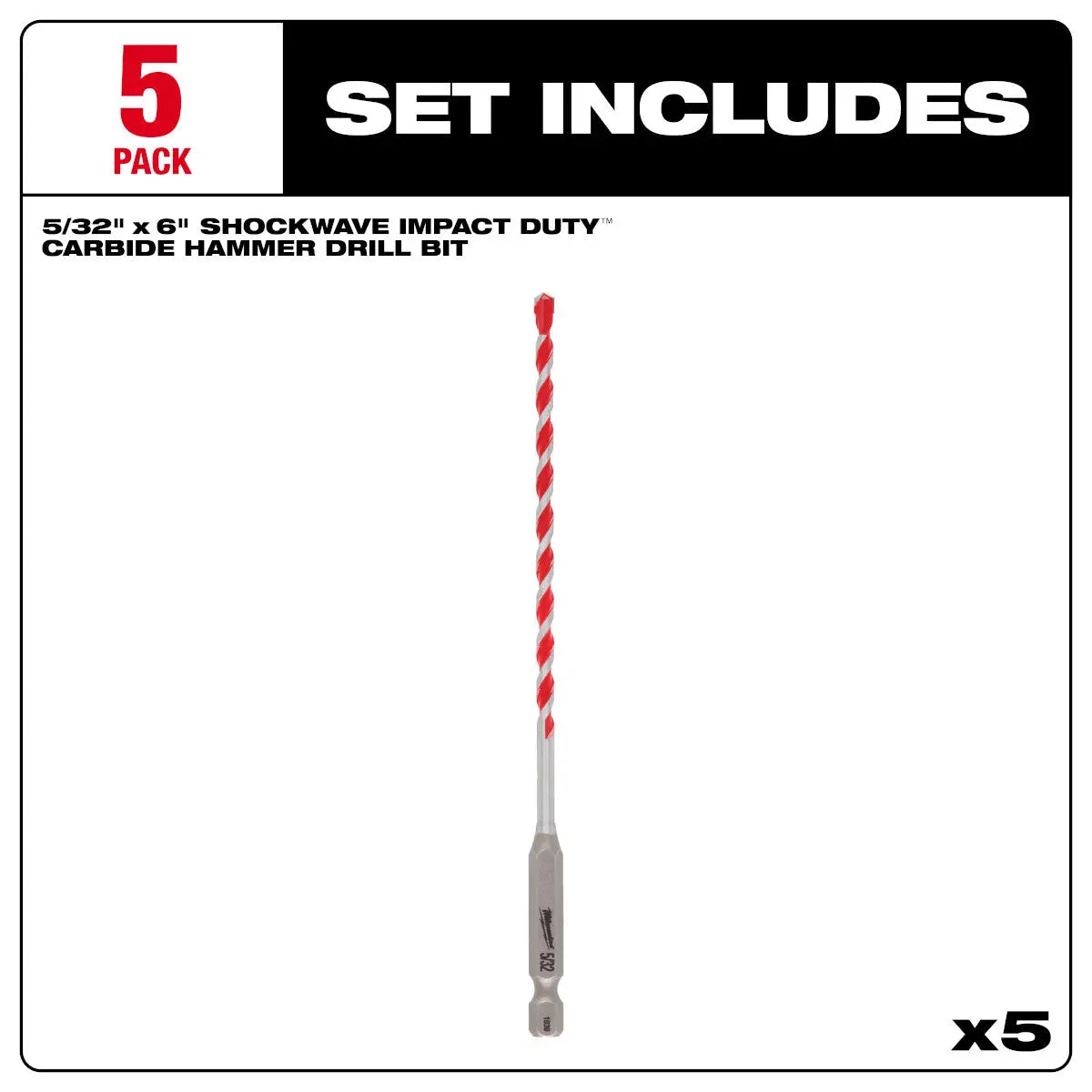Milwaukee 48-20-9155 - 5/32" x 4" x 6" SHOCKWAVE Impact Duty™ Carbide Hammer Drill Bits - Wise Line Tools