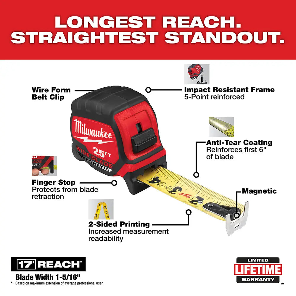 Milwaukee 48-22-0225M - 25Ft Wide Blade Magnetic Tape Measure - Wise Line Tools