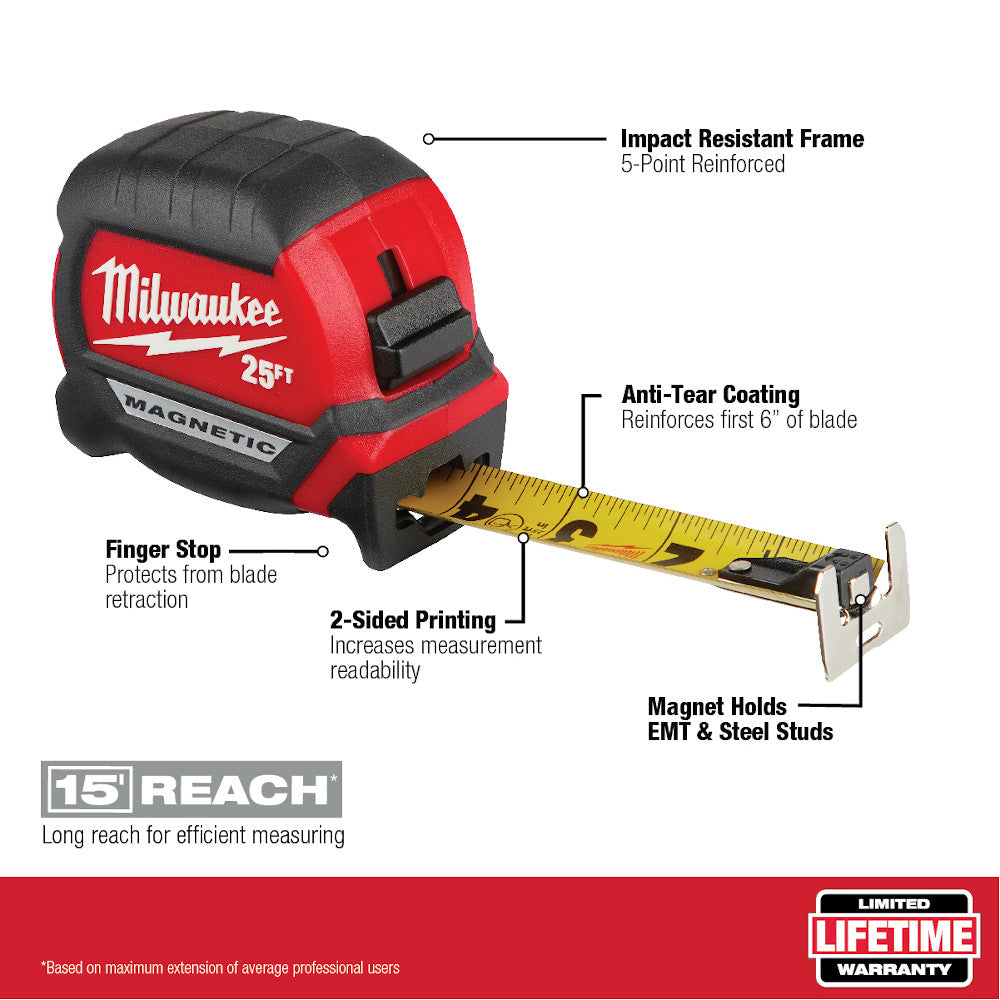 Milwaukee 48-22-0325 - 25Ft Compact Magnetic Tape Measure - Wise Line Tools