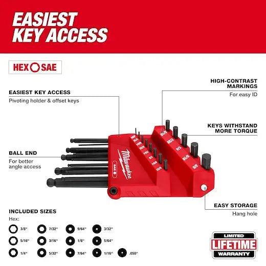 Milwaukee 48-22-2187 - 22-Key Ball End L-Key Set - SAE/Metric - Wise Line Tools