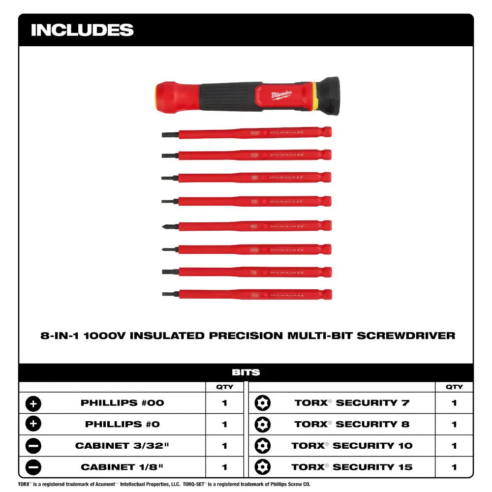 Milwaukee 48-22-2217 - 8-in-1 1000V Insulated Precision Multi-Bit Screwdriver Set - Wise Line Tools