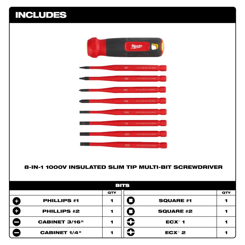 Milwaukee 48-22-2218 - 8-in-1 1000V Insulated Slim Tip Multi-Bit Screwdriver - Wise Line Tools
