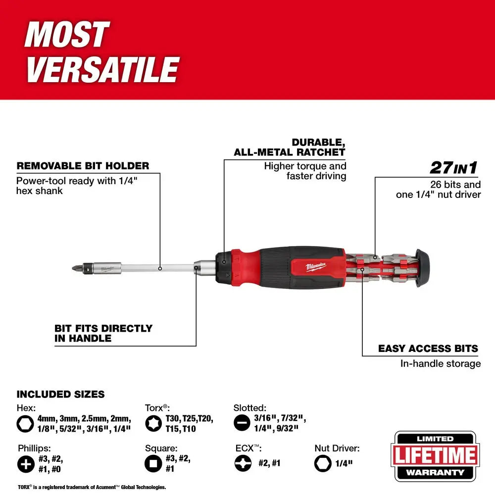 Milwaukee 48-22-2904 - 27-in-1 Ratcheting Multi-Bit Screwdriver - Wise Line Tools