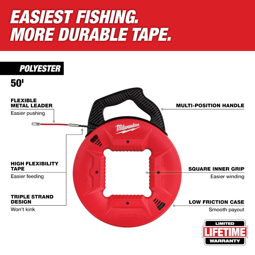 Milwaukee 48-22-4192 - 50 Ft. Polyester Fish Tape w/ Flexible Metal Leader - Wise Line Tools