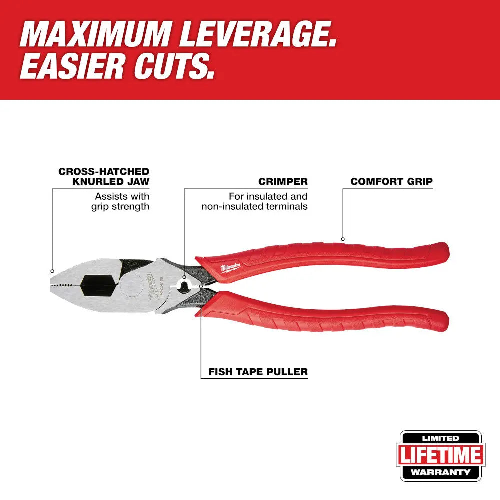 Milwaukee 48-22-6100 - 9 in. High Leverage Lineman's Pliers w/ Crimper - Wise Line Tools