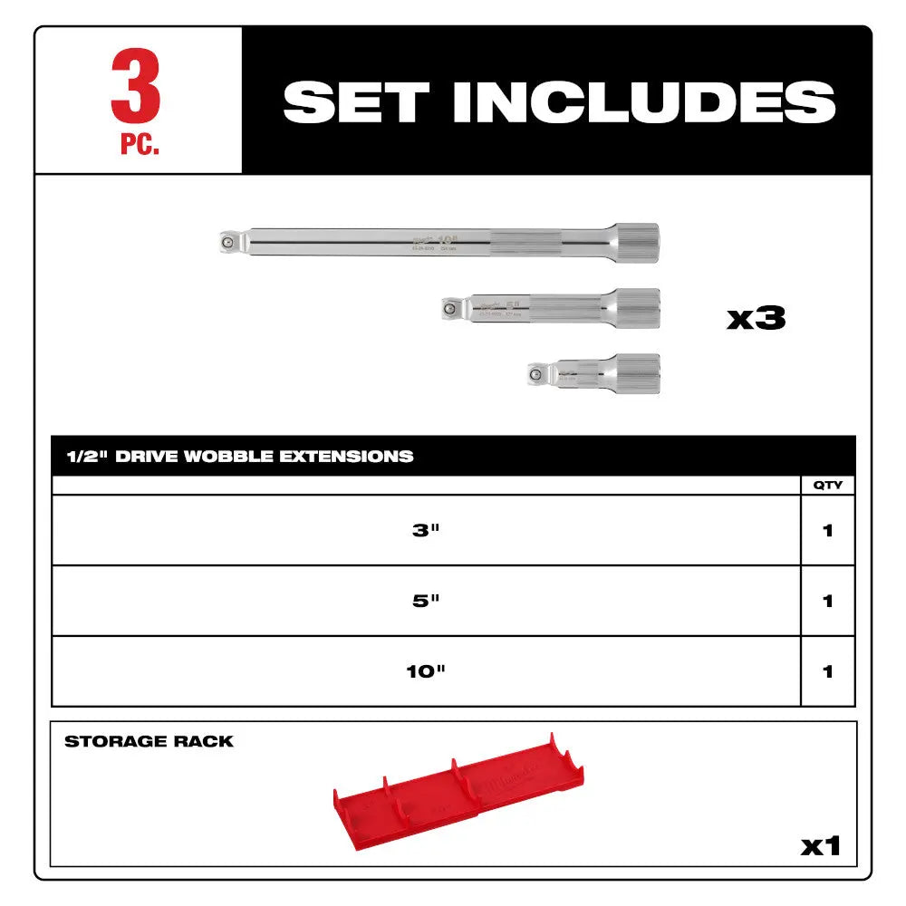 Milwaukee 48-22-9352 - 3pc 1/2” Drive Wobble Extension Set - Wise Line Tools
