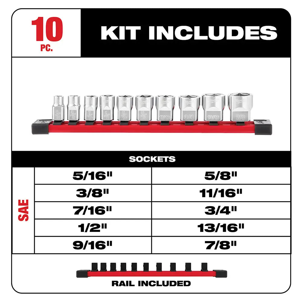 Milwaukee 48-22-9403 - 10pc 3/8 in. SAE Sockets with FOUR FLAT™ Sides - Wise Line Tools